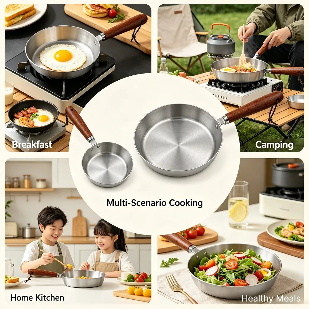 Stainless Steel Nonstick Frying Pan Skillet Wood Handle Egg Omelette Pancake Breakfast Camping BBQ Home Kitchen Tools Cookware