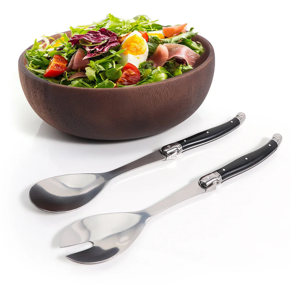 Jaswehome Juego de 2 cucharas para ensalada de acero inoxidable estilo Laguiole, cuchara ranurada, cucharas negras para remover ensalada, utensilios para servir ensalada