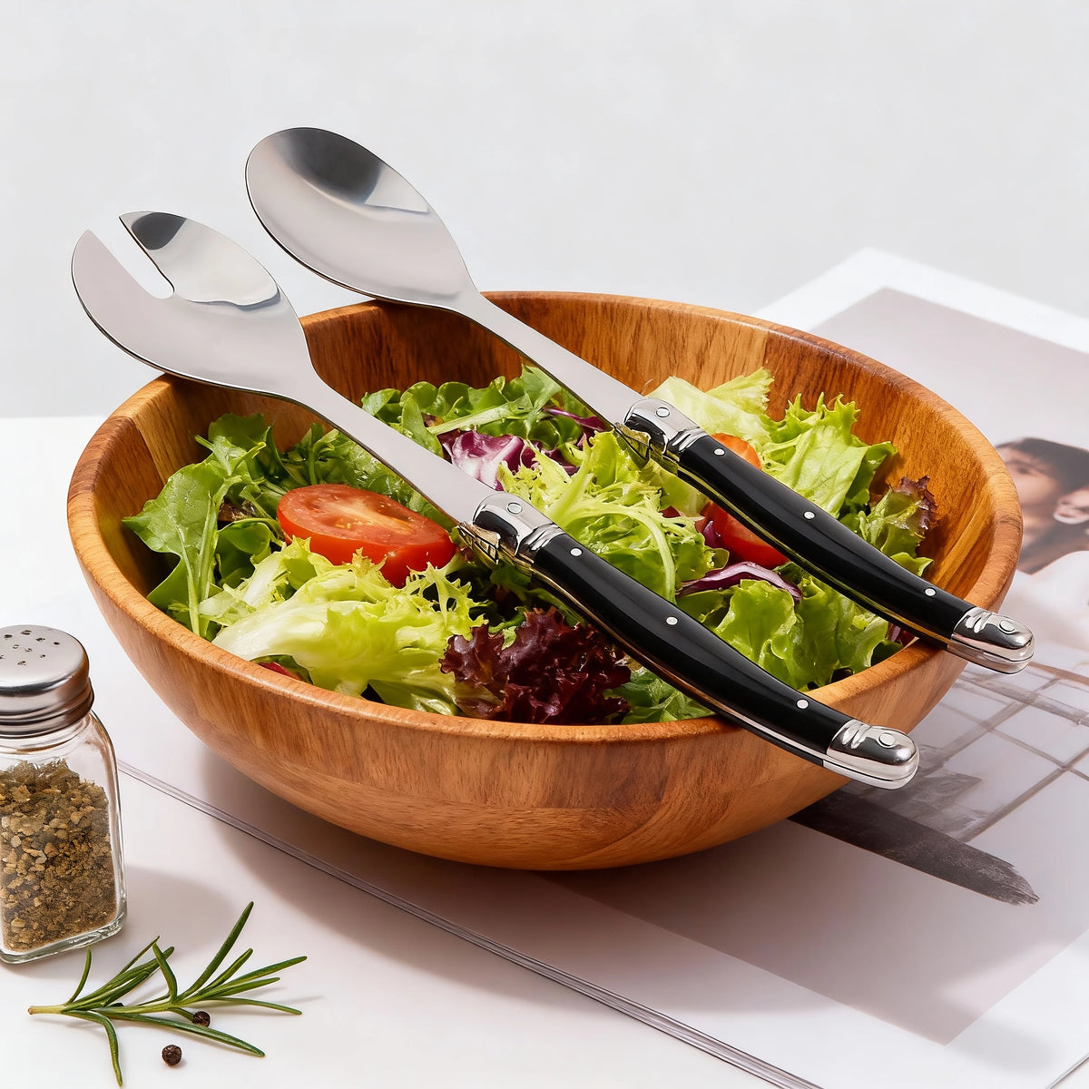 Jaswehome Juego de 2 cucharas para ensalada de acero inoxidable estilo Laguiole, cuchara ranurada, cucharas negras para remover ensalada, utensilios para servir ensalada