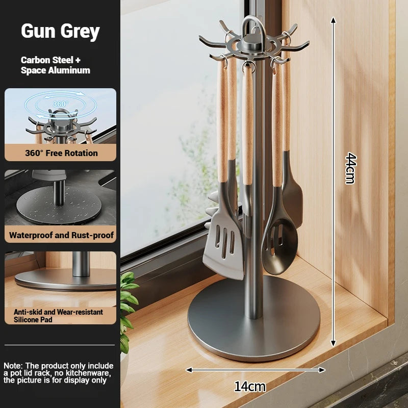 Kitchen Utensil Stand: Rotating Storage Hanger with 8 Hooks, for Countertop Organization Rotatable Cooking Utensils Holder