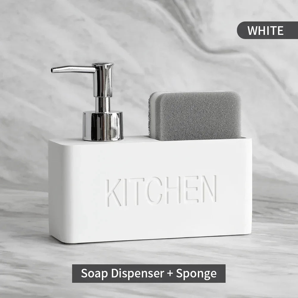 Accesorios de cocina modernos Juego de dispensador de jabón Dispensador de jabón líquido para manos Botella con bomba Sostiene y guarda esponjas estropajos