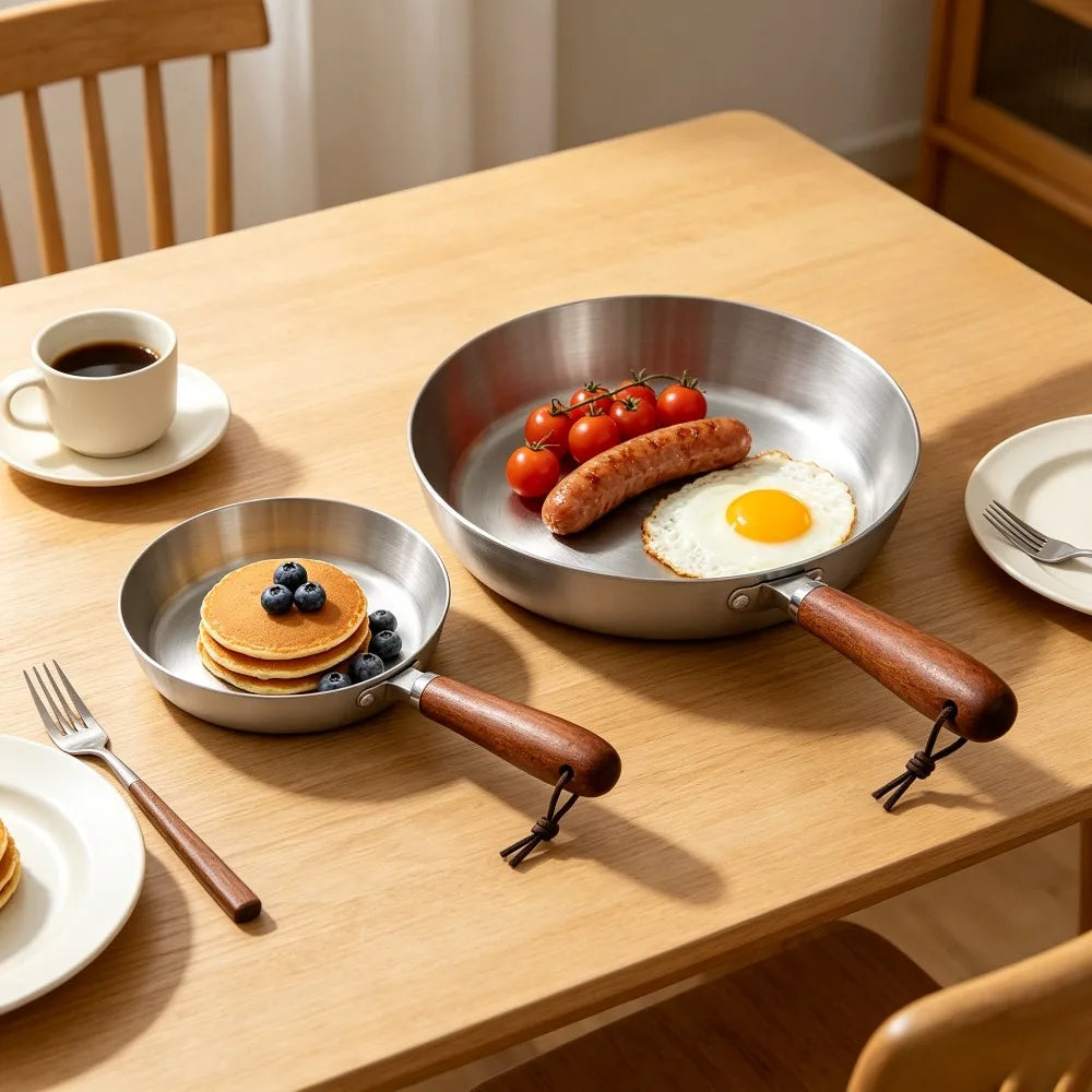 Stainless Steel Nonstick Frying Pan Skillet Wood Handle Egg Omelette Pancake Breakfast Camping BBQ Home Kitchen Tools Cookware