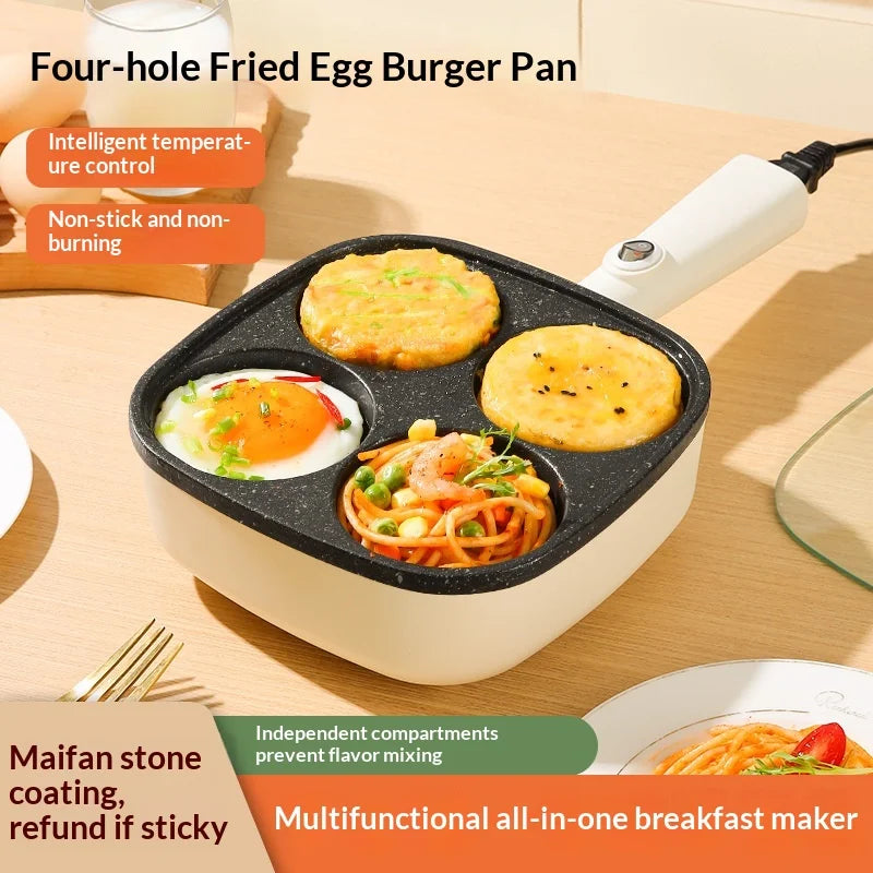 Non Stick 4 in 1 Egg Cooker Frying Pan Four Hole Breakfast Pan Single Handle Dishwasher Safe for Electric Coil Stoves Home