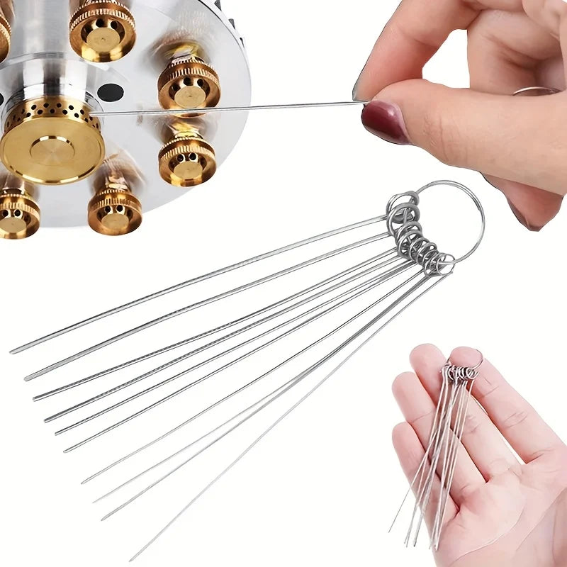 Kit de 10 Agujas de Limpieza de Acero Inoxidable para Quemadores de Estufas de Gas, Cabezales de Ducha y Desagües   Steel Cleaning Needle Shower Heads of Various Sizes, Gas Stove Outlets, Wipers, Sewer Cleaning Kit Tools