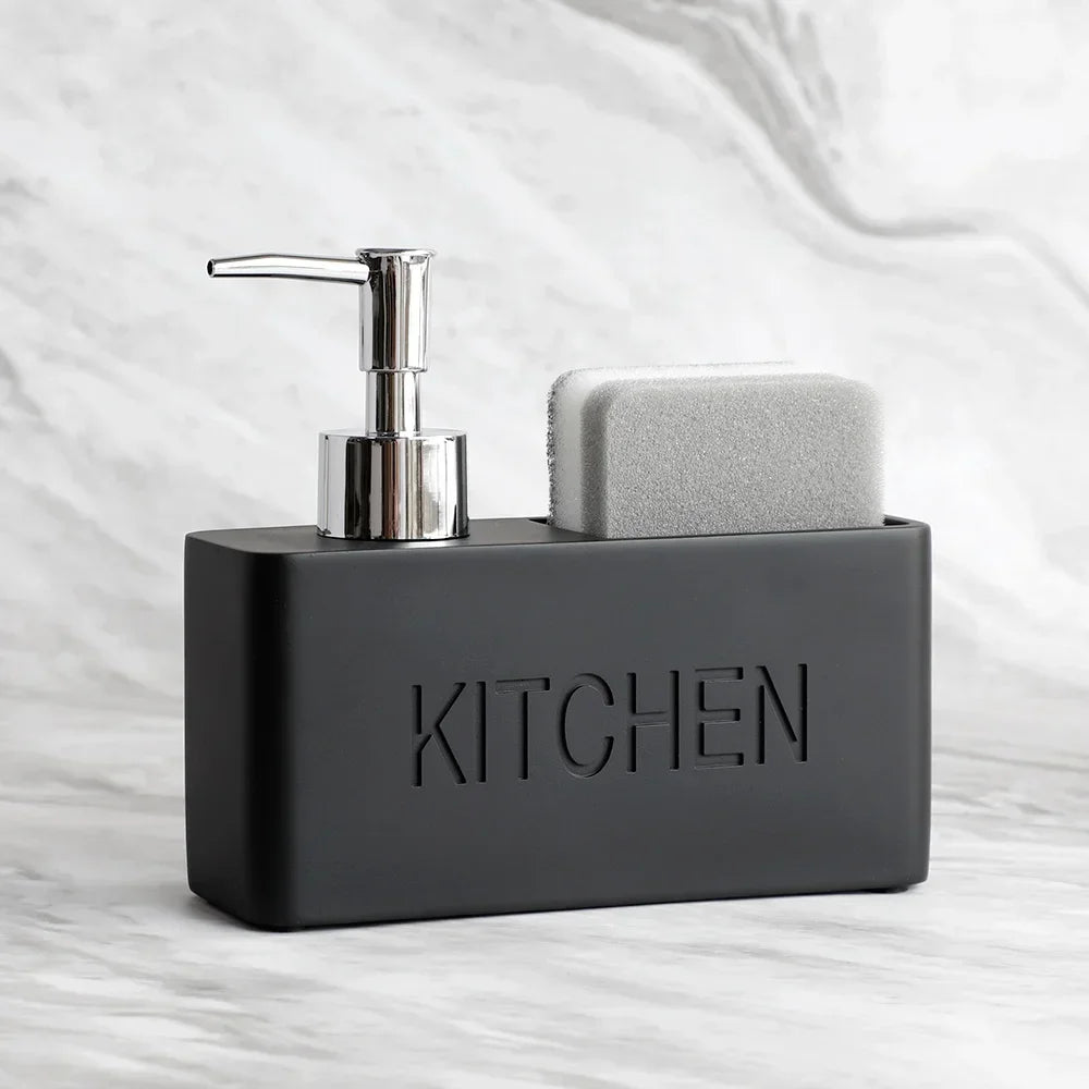 Accesorios de cocina modernos Juego de dispensador de jabón Dispensador de jabón líquido para manos Botella con bomba Sostiene y guarda esponjas estropajos