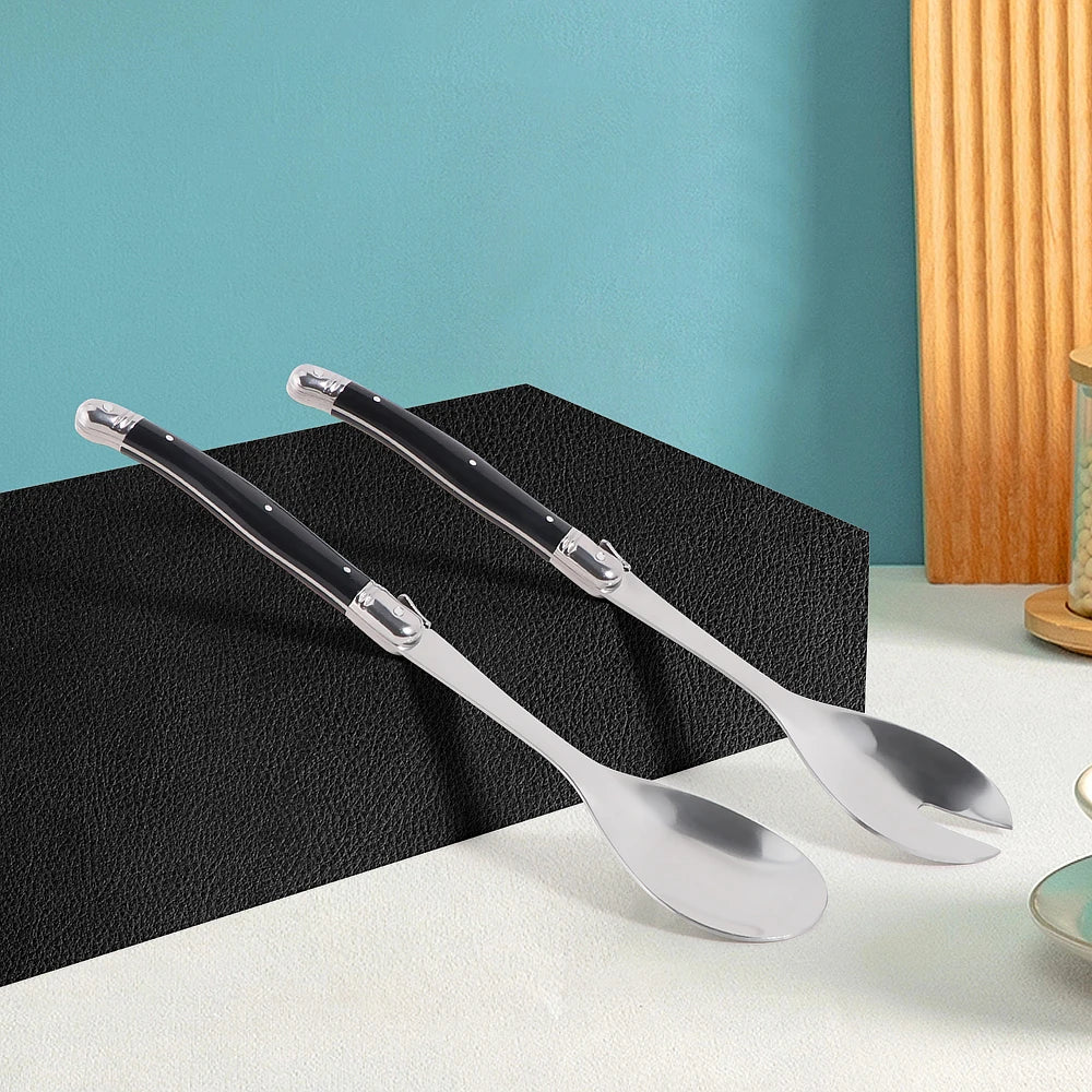 Jaswehome Juego de 2 cucharas para ensalada de acero inoxidable estilo Laguiole, cuchara ranurada, cucharas negras para remover ensalada, utensilios para servir ensalada