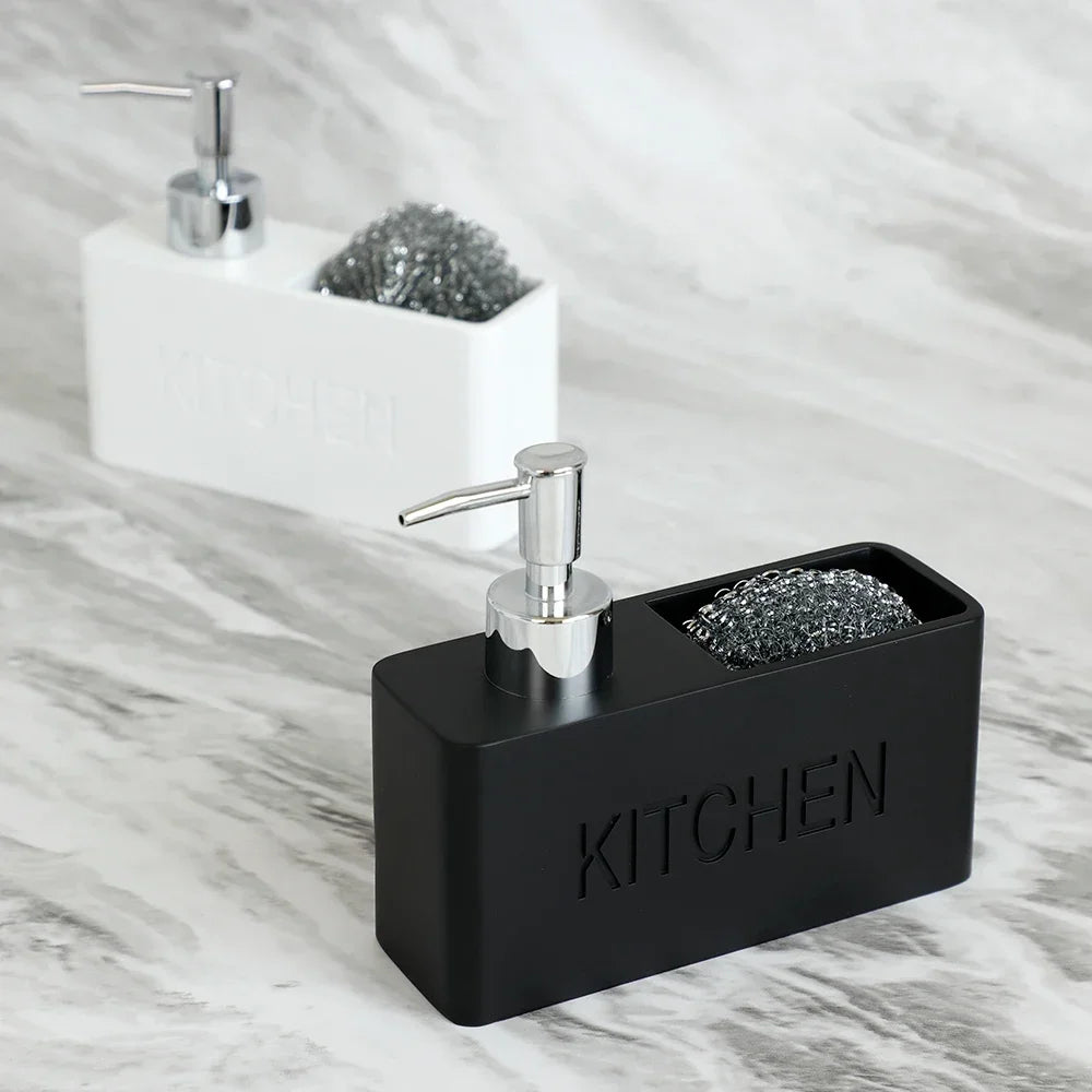 Accesorios de cocina modernos Juego de dispensador de jabón Dispensador de jabón líquido para manos Botella con bomba Sostiene y guarda esponjas estropajos