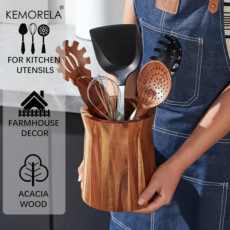 360-Degree Rotating Utensil Holder - Wooden Countertop Organizer for Spoons, Spatulas, Ladles, Space-Saving Spinning Caddy