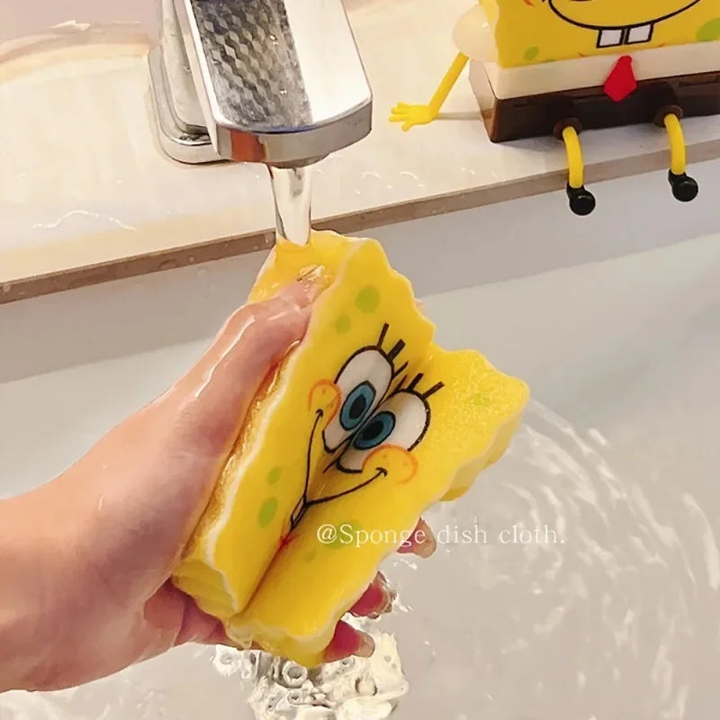 SpongeBob SquarePants Dish Washing Brush Sponge Dish Cloth Drain Rack Reusable Cleaning Tool Kitchen Supplie Scrub Scouring