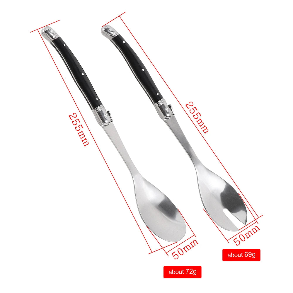 Jaswehome Juego de 2 cucharas para ensalada de acero inoxidable estilo Laguiole, cuchara ranurada, cucharas negras para remover ensalada, utensilios para servir ensalada