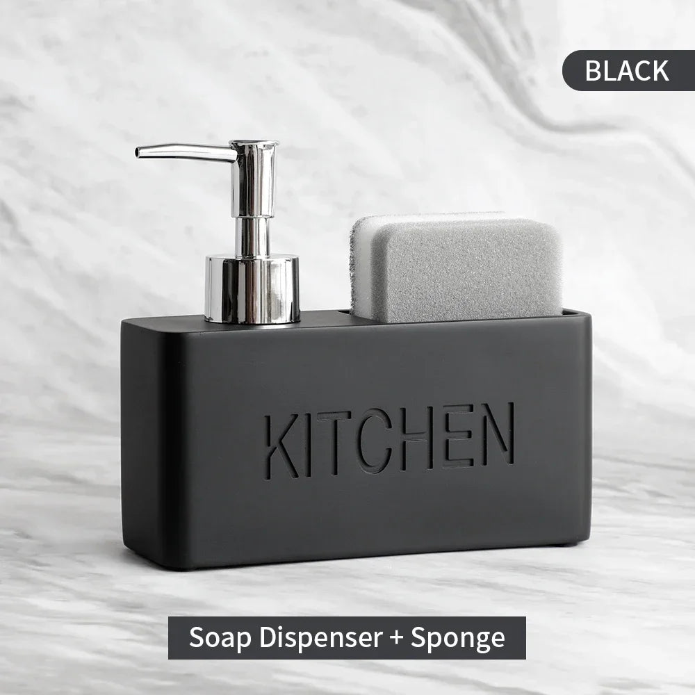 Accesorios de cocina modernos Juego de dispensador de jabón Dispensador de jabón líquido para manos Botella con bomba Sostiene y guarda esponjas estropajos