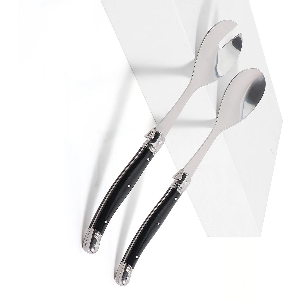 Jaswehome Juego de 2 cucharas para ensalada de acero inoxidable estilo Laguiole, cuchara ranurada, cucharas negras para remover ensalada, utensilios para servir ensalada