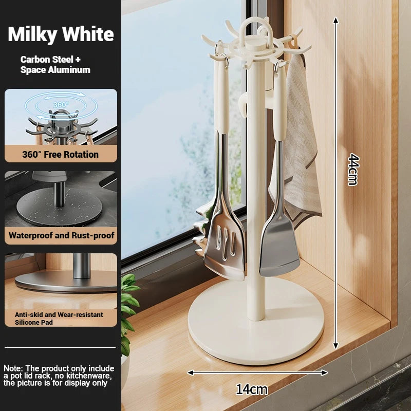 Kitchen Utensil Stand: Rotating Storage Hanger with 8 Hooks, for Countertop Organization Rotatable Cooking Utensils Holder