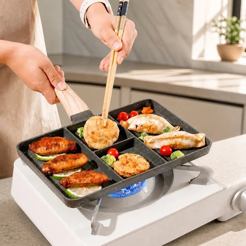 Non-Stick 4-Section Frypan for Cooking Steaks, Fish, Eggs, Omelets on Gas and Induction Cooktops