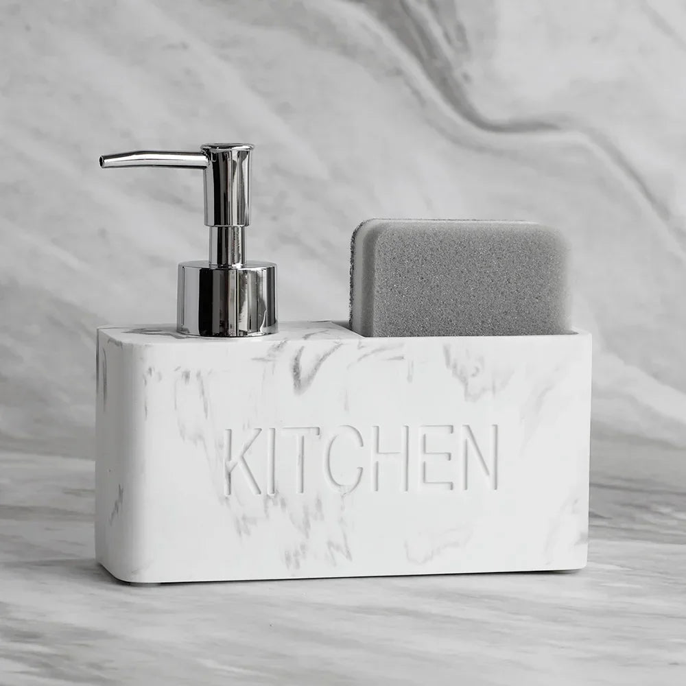 Accesorios de cocina modernos Juego de dispensador de jabón Dispensador de jabón líquido para manos Botella con bomba Sostiene y guarda esponjas estropajos