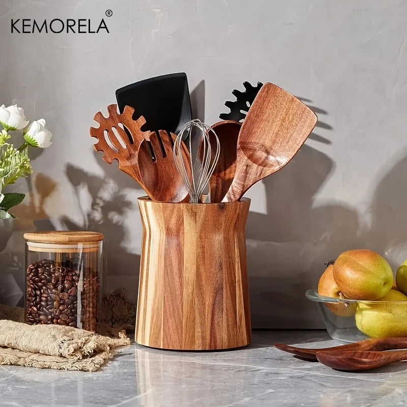 360-Degree Rotating Utensil Holder - Wooden Countertop Organizer for Spoons, Spatulas, Ladles, Space-Saving Spinning Caddy