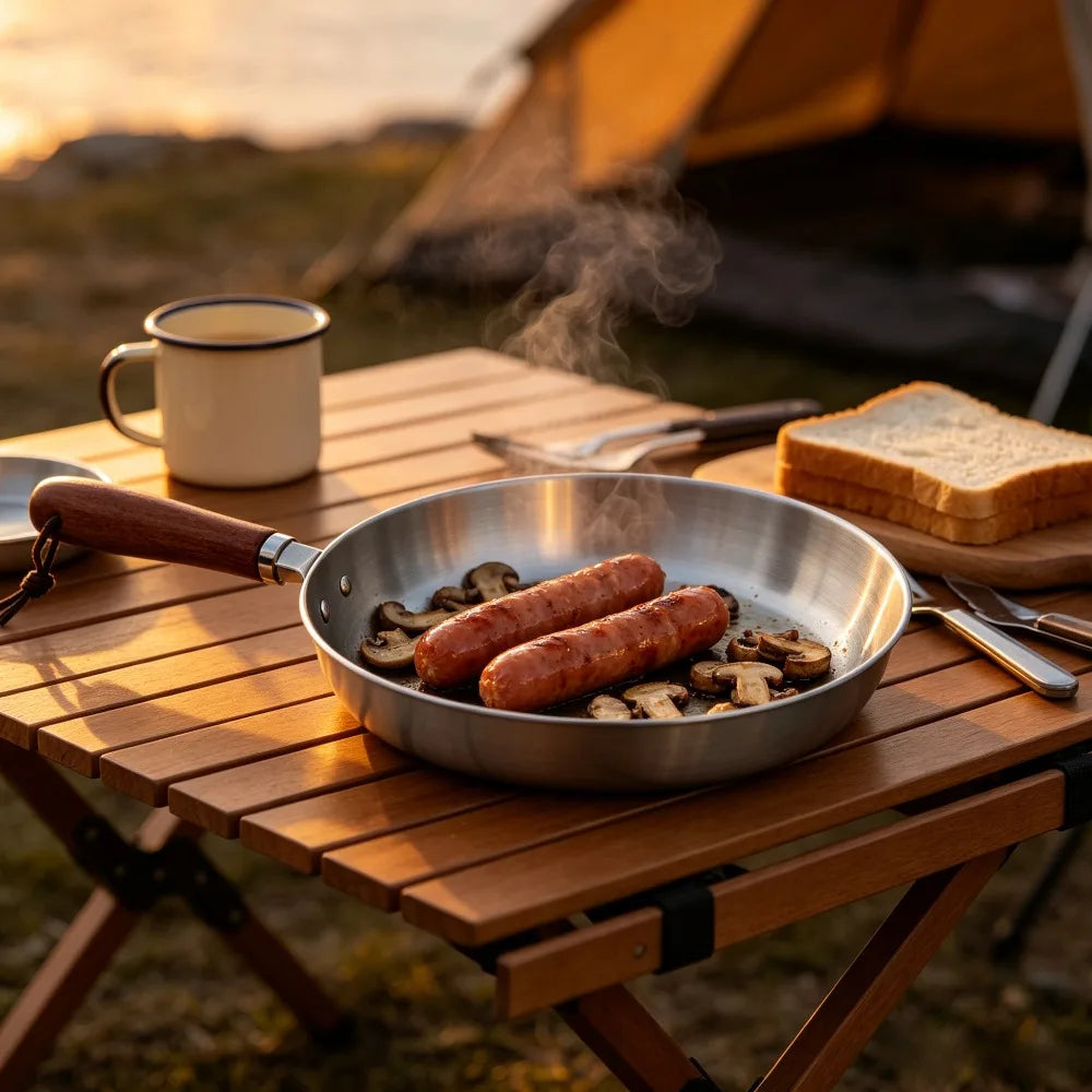 Stainless Steel Nonstick Frying Pan Skillet Wood Handle Egg Omelette Pancake Breakfast Camping BBQ Home Kitchen Tools Cookware