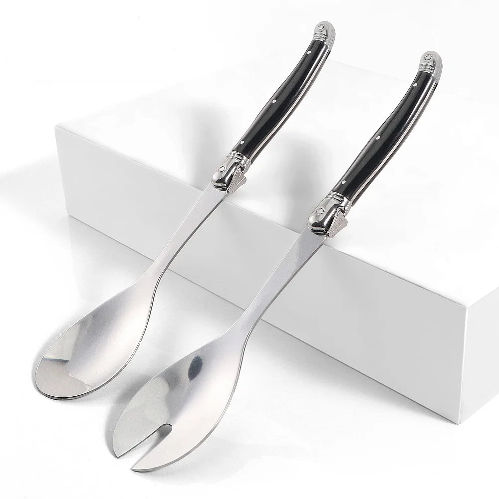 Jaswehome Juego de 2 cucharas para ensalada de acero inoxidable estilo Laguiole, cuchara ranurada, cucharas negras para remover ensalada, utensilios para servir ensalada