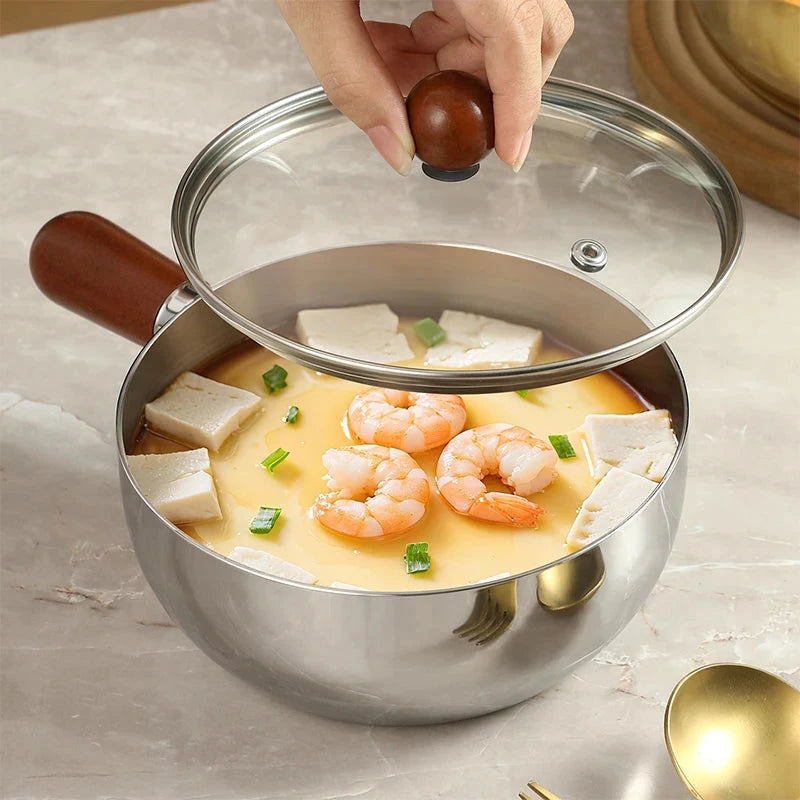 Stainless Steel Milk Pot With Wooden Handle, Compact Cooking Pot, Suitable For Frying Eggs And Heating Milk. Made Of Stainless S